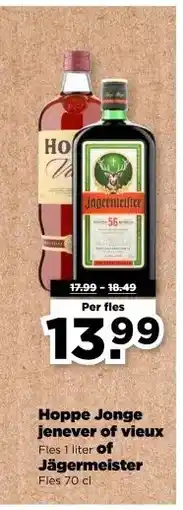 PLUS Hoppe Jonge jenever of vieux Fles 1 liter of Jägermeister aanbieding