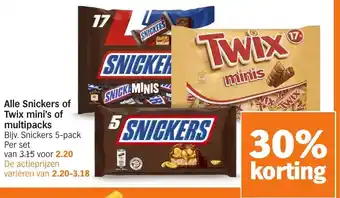 Albert Heijn Alle Snickers of Twix mini's of multipacks aanbieding