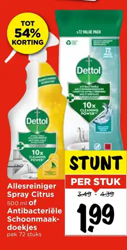 Vomar Voordeelmarkt Allesreiniger Spray Citrus of Antibacteriële Schoonmaak doekjes pak aanbieding