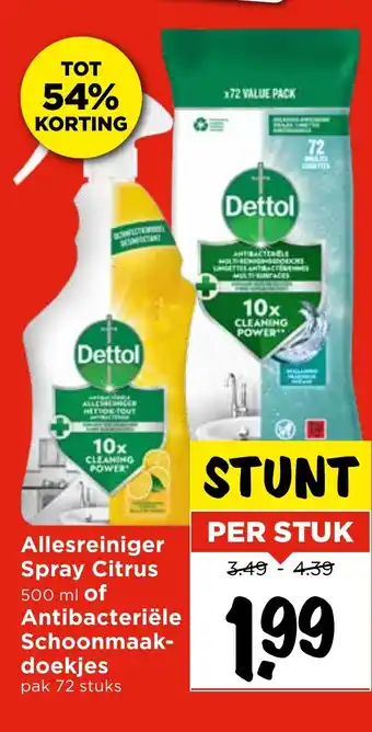 Vomar Voordeelmarkt Allesreiniger Spray Citrus of Antibacteriële Schoonmaak doekjes pak aanbieding