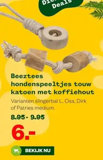 Welkoop Beeztees hondenspeeltjes touw katoen met koffiehout aanbieding