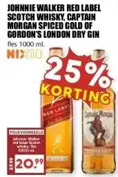 MCD Supermarkt JOHNNIE WALKER RED LABEL SCOTCH WHISKY, CAPTAIN MORGAN SPICED GOLD OF GORDON'S LONDON DRY GIN aanbieding