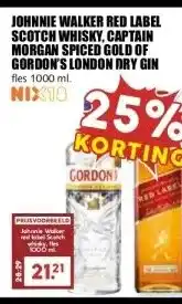 MCD Supermarkt JOHNNIE WALKER RED LABEL SCOTCH WHISKY, CAPTAIN MORGAN SPICED GOLD OF GORDON'S LONDON DRY GIN aanbieding