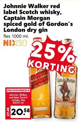 Coop Johnnie Walker red label Scotch whisky, Captain Morgan spiced gold of Gordon's London dry gin aanbieding