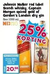 Boon`s Markt Johnnie Walker red label Scotch whisky. Captain Morgan spiced gold of Gordon's London dry gin aanbieding