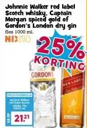 Boon`s Markt Johnnie Walker red label Scotch whisky. Captain Morgan spiced gold of Gordon's London dry gin aanbieding