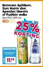 Boon`s Markt Berentzen Apfelkom. Zure Mattie shot. Apenshot likorette of Pushkin vodka aanbieding