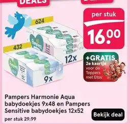 Etos Pampers Harmonie Aqua babydoekjes 9x48 en Pampers Sensitive babydoekjes 12x52 aanbieding