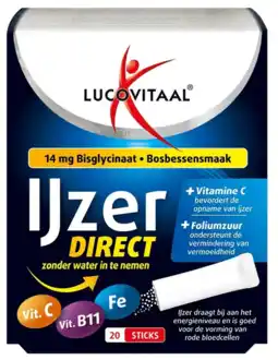 De Online Drogist Lucovitaal IJzer Bisglycinaat Direct Bosbessensmaak Sticks aanbieding