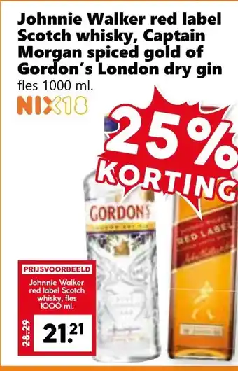 CoopCompact Johnnie Walker red label Scotch whisky, Captain Morgan spiced gold of Gordon's London dry gin aanbieding