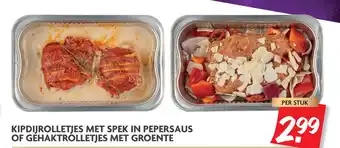 Dekamarkt Kipdijrolletjes met spek in pepersaus of géhaktrólletjes met groente aanbieding