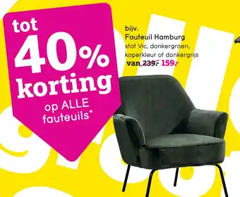 Leen Bakker bijv. Fauteuil Hamburg stof Vic, donkergroen, koperkleur of donkergrijs aanbieding