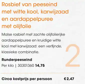 HANOS Rosbief van peeseind met witte kool, karwijzaad en aardappelpuree met olijfolie aanbieding
