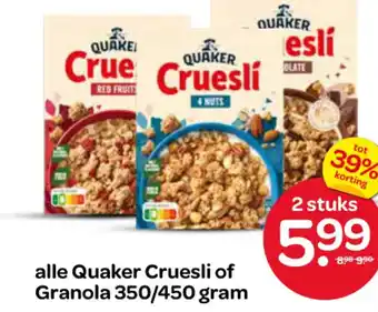 Spar alle Quaker Cruesli of Granola aanbieding