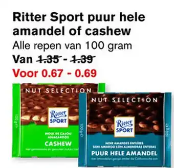 Hoogvliet Ritter Sport puur hele amandel of cashew 100gram aanbieding