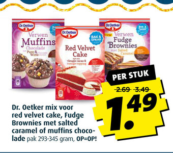 Boni Dr. Oetker mix voor red velver cake, Fudge Brownies met salted caramel of muffins chocolade 293-345 gram per stuk aanbieding