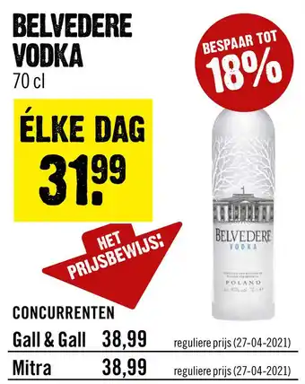 Dirck 3 Belvedere vodka 70 cl aanbieding