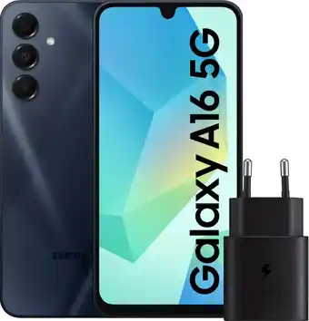 Coolblue Samsung Galaxy A16 128GB Donkerblauw 5G + Samsung Oplader 25W Zwart aanbieding