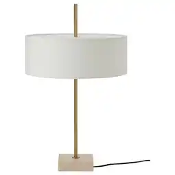 IKEA Stockholm 2025 lamp: messing, wit linnen kap, travertijn voet, minimalistisch, diffuus licht aanbieding