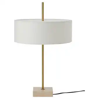 IKEA Stockholm 2025 lamp: messing, wit linnen kap, travertijn voet, minimalistisch, diffuus licht aanbieding