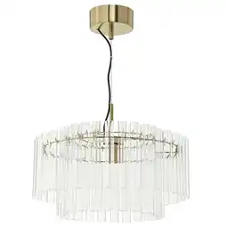 IKEA Stockholm 2025 kroonluchter: goud en helder glas. Modern, cilindrisch ontwerp met ophangbuizen aanbieding