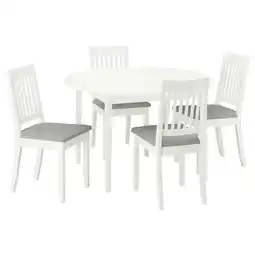 IKEA Ronde witte eethoek met 4 stoelen met grijze kussens aanbieding