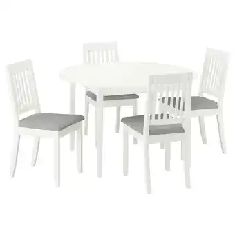 IKEA Ronde witte eethoek met 4 stoelen met grijze kussens aanbieding