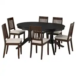 IKEA Rosentorp eethoek: zwarte ovale tafel, 6 bruine stoelen met beige kussens aanbieding