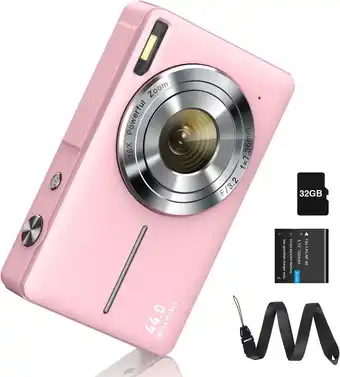 Amazon CAMKORY Digitale camera FHD 1080P 44MP met 32G-kaart, 16X Digitale Zoom (Roze) aanbieding