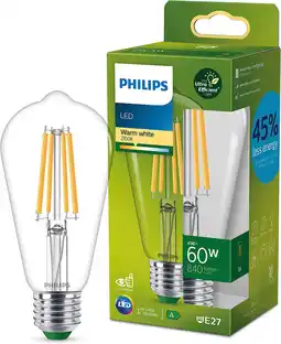 Amazon Philips Ultra Efficient LED lamp Edison Transparant - 60 W - E27 - Warmwit licht aanbieding
