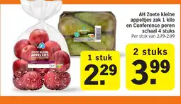 Albert Heijn AH Zoete kleine appeltjes zak 1 kilo en Conference peren aanbieding