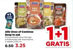 PLUS Alle Unox of Conimex Soep in zak aanbieding