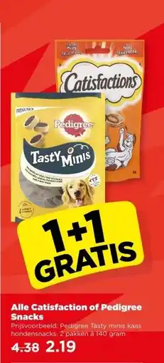 PLUS Alle Catisfaction of Pedigree Snacks aanbieding