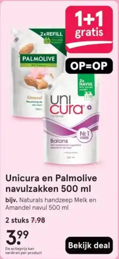 Etos Unicura en Palmolive navulzakken 500 ml aanbieding
