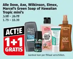 Poiesz Alle Dove, Axe, Wilkinson, Elmex, Marcel's Green Soap of Hawaiian Tropic mini's aanbieding