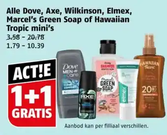 Poiesz Alle Dove, Axe, Wilkinson, Elmex, Marcel's Green Soap of Hawaiian Tropic mini's aanbieding