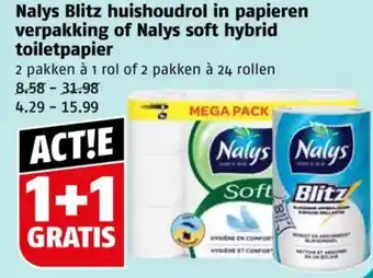 Poiesz Nalys Blitz huishoudrol in papieren verpakking of Nalys soft hybrid toiletpapier aanbieding