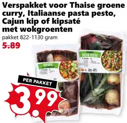Coop Verspakket voor Thaise groene curry, Italiaanse pasta pesto, Cajun kip of kipsaté met wokgroenten aanbieding