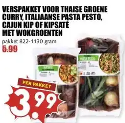 MCD Supermarkt VERSPAKKET VOOR THAISE GROENE CURRY, ITALIAANSE PASTA PESTO, CAJUN KIP OF KIPSATÉ MET WOKGROENTEN aanbieding
