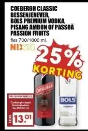 MCD Supermarkt COEBERGH CLASSIC BESSENJENEVER. BOLS PREMIUM VODKA, PISANG AMBON OF PASSOA PASSION FRUITS aanbieding