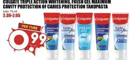 MCD Supermarkt COLGATE TRIPLE ACTION WHITENING, FRESH GEL MAXIMUM CAVITY PROTECTION OF CARIES PROTECTION TANDPASTA aanbieding