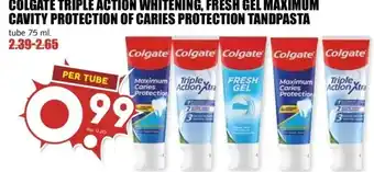 MCD Supermarkt COLGATE TRIPLE ACTION WHITENING, FRESH GEL MAXIMUM CAVITY PROTECTION OF CARIES PROTECTION TANDPASTA aanbieding
