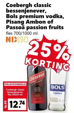 Coop Coebergh classic bessenjenever, Bols premium vodka, Pisang Ambon of Passoã passion fruits aanbieding