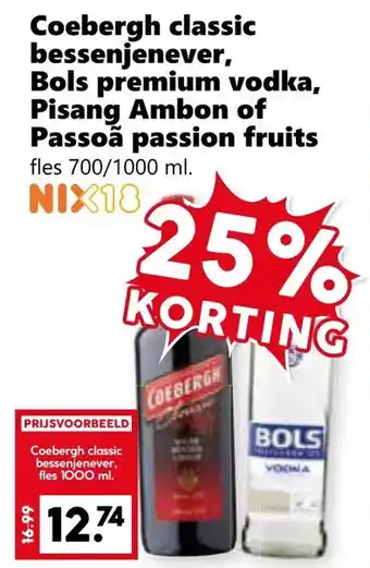 Coop Coebergh classic bessenjenever, Bols premium vodka, Pisang Ambon of Passoã passion fruits aanbieding