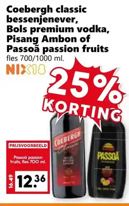 CoopCompact Coebergh classic bessenjenever, Bols premium vodka, Pisang Ambon of Passoã passion fruits aanbieding