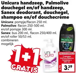 Coop Unicura handzeep, Palmolive douchegel en of handzeep, Sanex deodorant, douchegel, shampoo en of douchecrème aanbieding