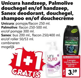 Coop Unicura handzeep, Palmolive douchegel en of handzeep, Sanex deodorant, douchegel, shampoo en of douchecrème aanbieding