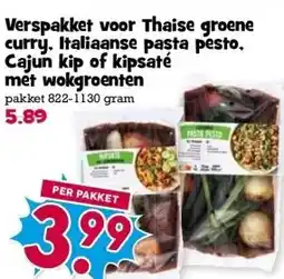Boon`s Markt Verspakket voor Thaise groene curry. Italiaanse pasta pesto. Cajun kip of kipsaté met wokgroenten aanbieding