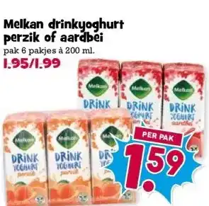 Boon`s Markt Melkan drinkyoghurt perzik of aardbei aanbieding