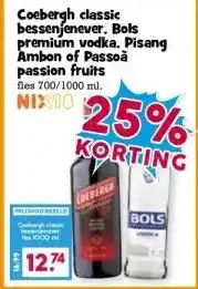 Boon`s Markt Coebergh classic bessenjenever. Bols premium vodka. Pisang Ambon of Passoã passion fruits aanbieding